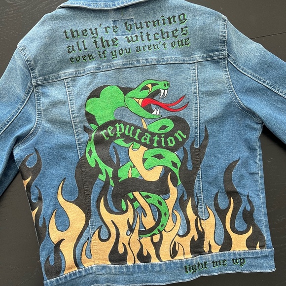 Hand-Painted Taylor Swift Jacket – Reputation Snake Design - denim jacket